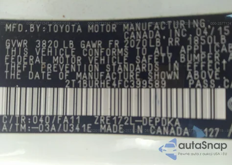 2015 Toyota Corolla L из США, поврежденный, VIN 2T1BURHE4FC399589